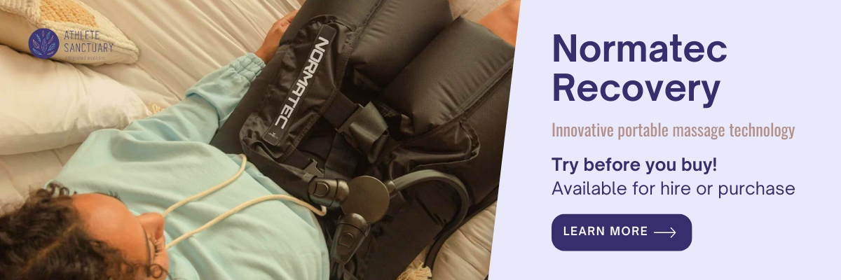 Promotional banner with an image of a Normatec compression boot and the wording: Normatec Recovery: Innovative portable massage technology. Try before you buy! 
Available for hire or purchase. 
