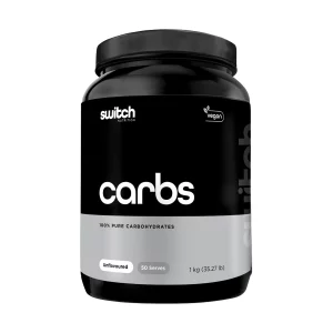 Photo of a container of Switch brand of sports nutrition supplement called carbs in a 1 kg container.